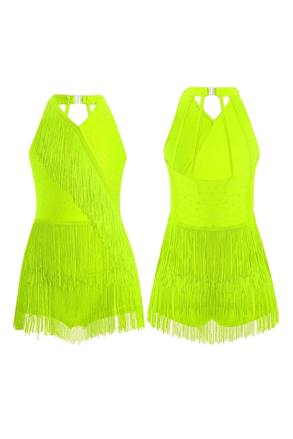 Kids Girls Shiny Tassel Latin Dance Costumes Jazz Dance Tops Bodysuit Sequin Fringe Leotard Fluorescent Yellow 10