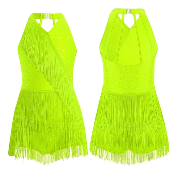 Hansber Kids Girls Shiny Tassel Latin Dance Costumes Jazz Dance Tops Bodysuit Sequin Fringe Leotard Fluorescent Yellow 14
