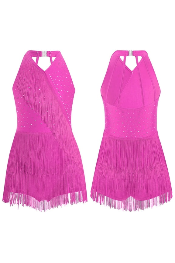 Kids Girls Shiny Tassel Latin Dance Costumes Jazz Dance Tops Bodysuit Sequin Fringe Leotard Hot Pink 6