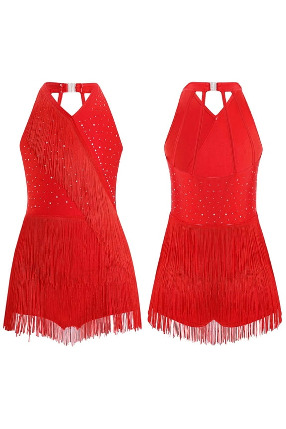 Kids Girls Shiny Tassel Latin Dance Costumes Jazz Dance Tops Bodysuit Sequin Fringe Leotard Red 16