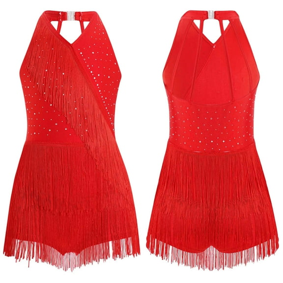 Hansber Kids Girls Shiny Tassel Latin Dance Costumes Jazz Dance Tops Bodysuit Sequin Fringe Leotard Red 8