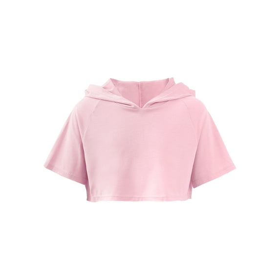 Hansber Kids Girls Short Sleeve Hooded Crop Top Solid Color Short Hooded Sweatshirt Stage Performance Pink 10