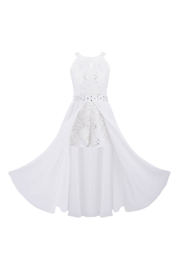 Kids Girls Sleeveless Floral Lace Wedding Bridesmaid Romper Dress Birthday Maxi Ball Gown White 12