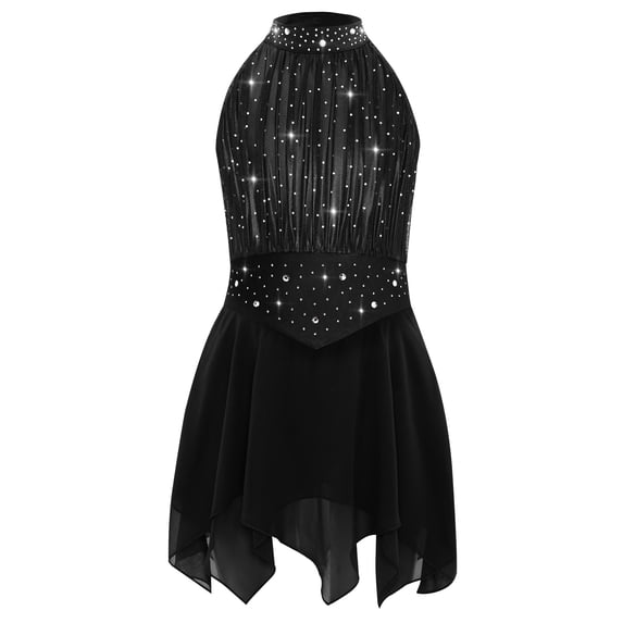 Hansber Kids Girls Sleeveless Glittery Mesh Irregular Hem Figure Ice Skating Dress Ballet Lyrical Dance Wear Black 6
