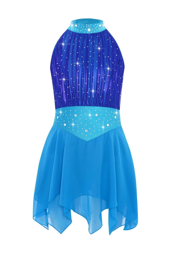 Kids Girls Sleeveless Glittery Mesh Irregular Hem Figure Ice Skating Dress Ballet Lyrical Dance Wear Blue 16