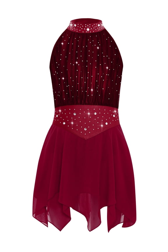 Kids Girls Sleeveless Glittery Mesh Irregular Hem Figure Ice Skating Dress Ballet Lyrical Dance Wear Burgundy 16