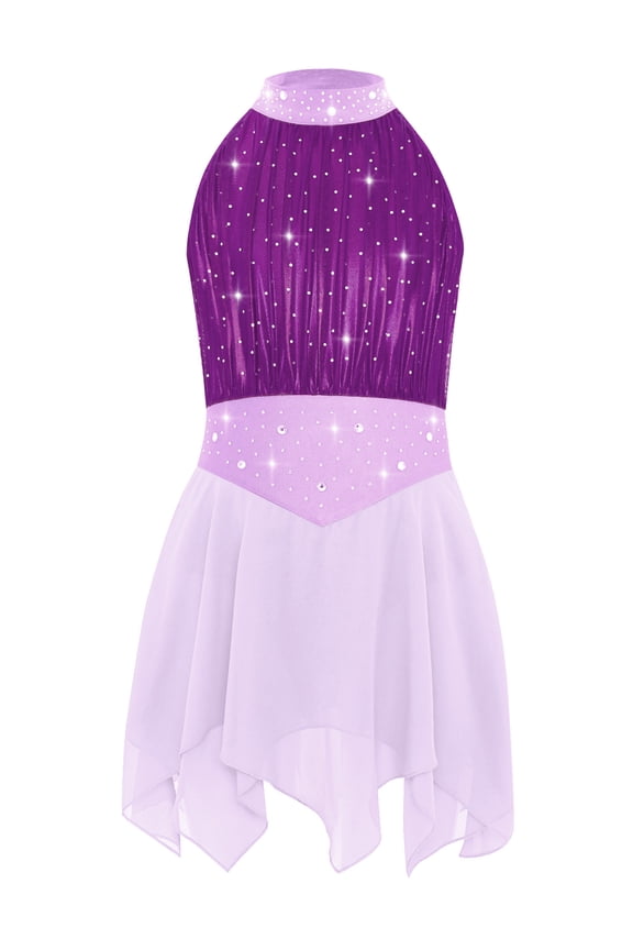 Kids Girls Sleeveless Glittery Mesh Irregular Hem Figure Ice Skating Dress Ballet Lyrical Dance Wear Purple 12
