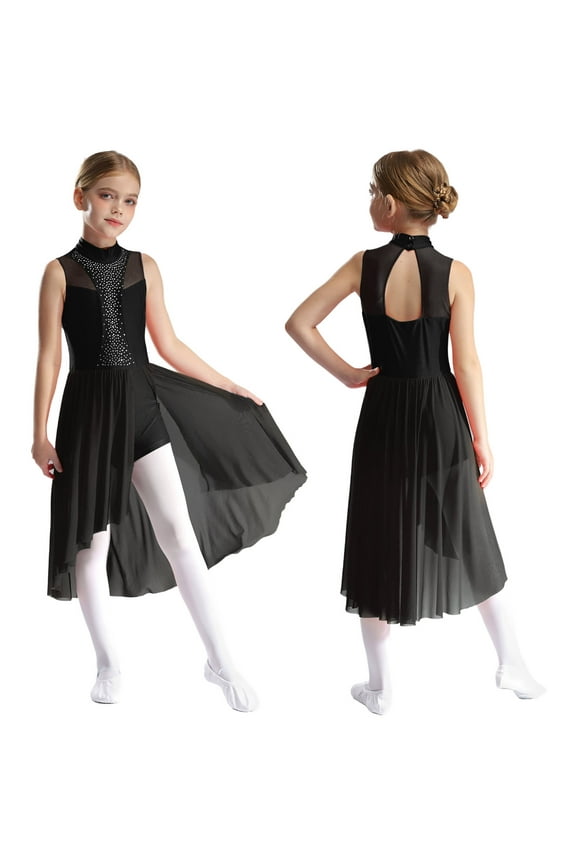 Kids Girls Sleeveless Latin Jazz Modern Lyrical Dance Dress Figure Skating Dress Ballet Leotard Dress Black 8