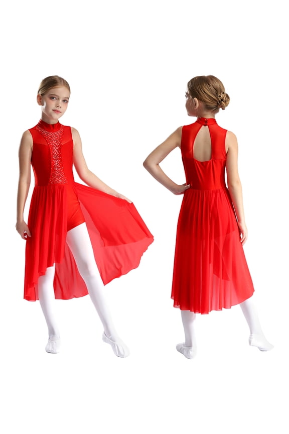 Kids Girls Sleeveless Latin Jazz Modern Lyrical Dance Dress Figure Skating Dress Ballet Leotard Dress Red 12