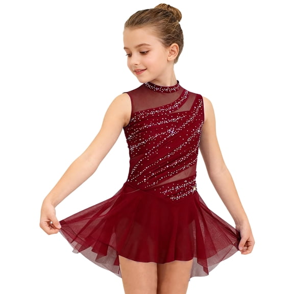 Hansber Kids Girls Sleeveless Mock Neck Glittery Figure Ice Skating Dress for Ballet Lyrical Dance Performance Burgundy 10
