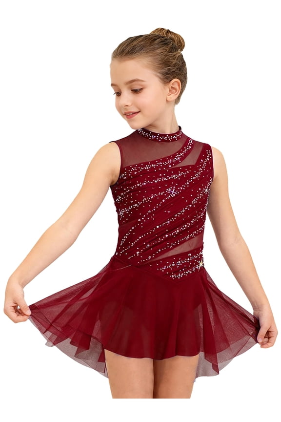 Kids Girls Sleeveless Mock Neck Glittery Figure Ice Skating Dress for Ballet Lyrical Dance Performance Burgundy 10