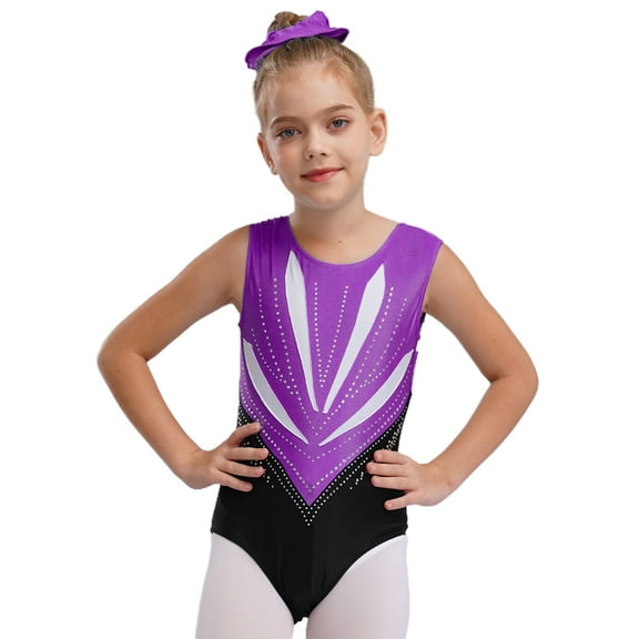 Hansber Kids Girls Sleeveless Patchwork Gymnastics Leotard Sparkly Rhinestones Dance Unitard Ballet Skating Dancewear Purple 8