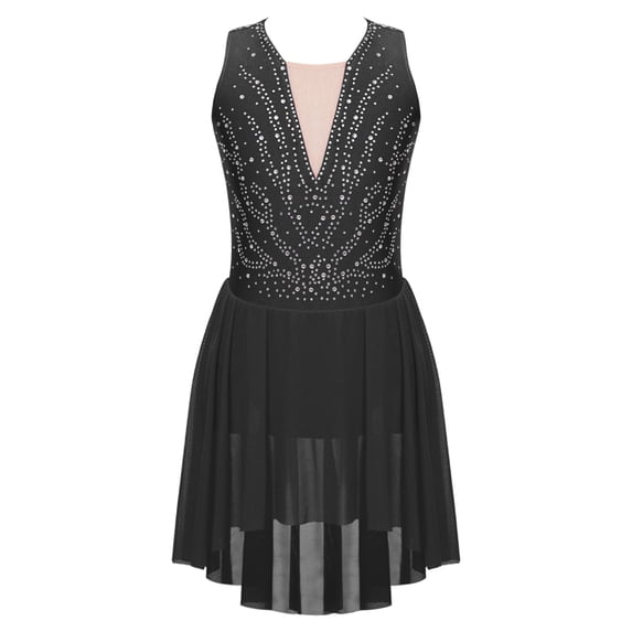 Hansber Kids Girls Sleeveless Rhinestone Asymmetrical Hem Ballet Dance Dress Figure Skating Black 12
