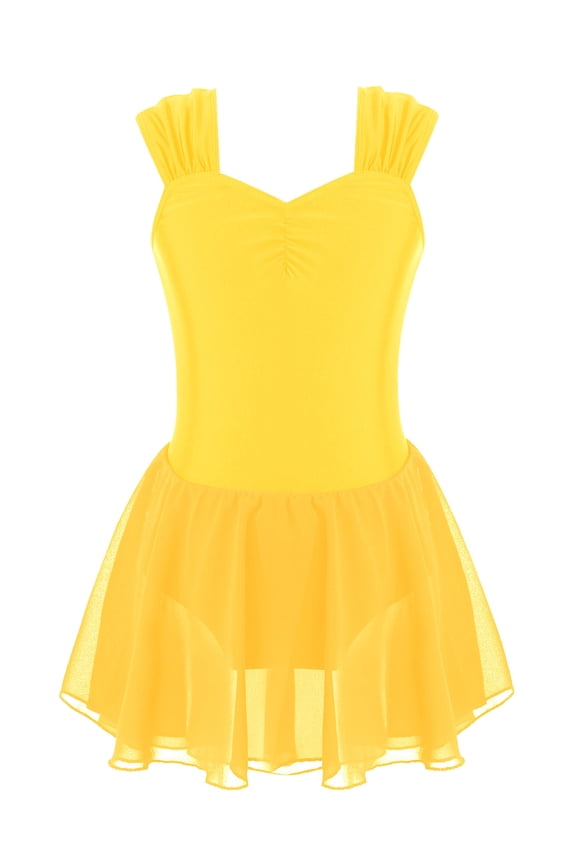 Kids Girls Sleeveless Chiffon Ruched Ballet Dance Dress Ballerina Princess Dancewear Yellow 8