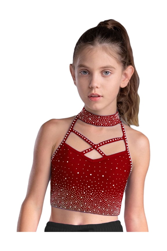 Kids Girls Sleeveless Sparkle Rhinestones Crop Tops for Cheerleading Dance Gymnastics Sports Yoga Workout Burgundy 10