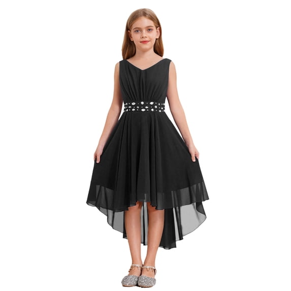 Hansber Kids Girls Sleeveless V-neck Party Dress Wedding Bridesmaid Dresses High Low Chiffon Pageant Gown Black 8