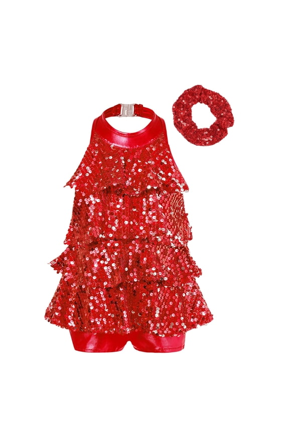 Kids Girls Sparkling Sequins Tassel Dancing Dress Latin Rumba Salsa Dress Ballroom Dancewear Red 4