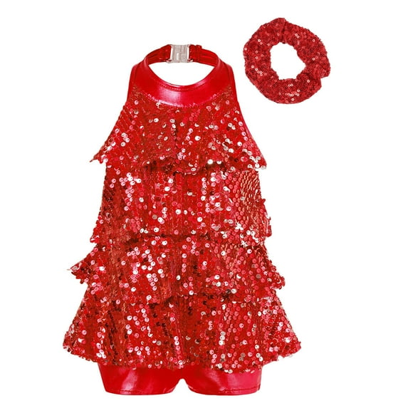 Hansber Kids Girls Sparkling Sequins Tassel Dancing Dress Latin Rumba Salsa Dress Ballroom Dancewear Red 6