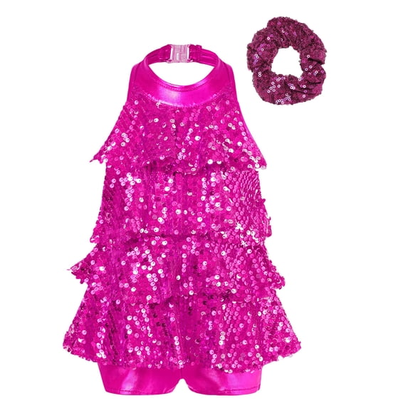 Hansber Kids Girls Sparkling Sequins Tassel Dancing Dress Latin Rumba Salsa Dress Ballroom Dancewear Rose 8