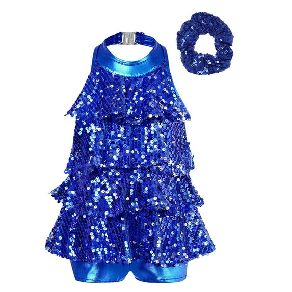 Hansber Kids Girls Sparkling Sequins Tassel Dancing Dress Latin Rumba Salsa Dress Ballroom Dancewear Royal Blue 10
