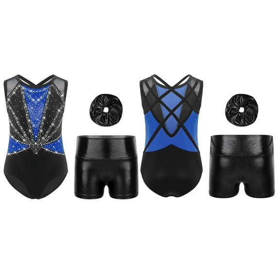 Hansber Kids Girls Sparkly Gymnastics Leotard Sleeveless Bodysuit Dance Biketard Unitard with Shorts Blue 12