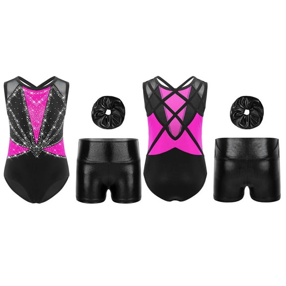 Hansber Kids Girls Sparkly Gymnastics Leotard Sleeveless Bodysuit Dance Biketard Unitard with Shorts Hot Pink 6