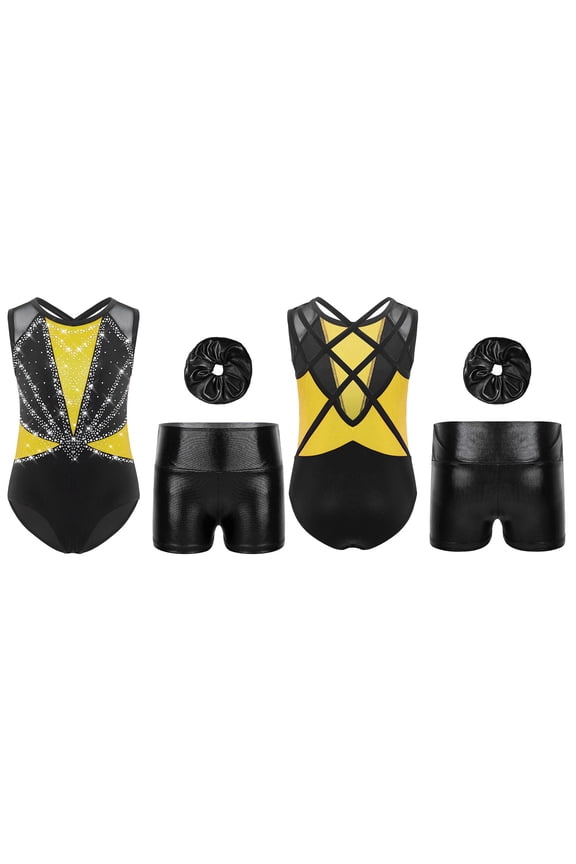 Kids Girls Sparkly Gymnastics Leotard Sleeveless Bodysuit Dance Biketard Unitard with Shorts Yellow 6