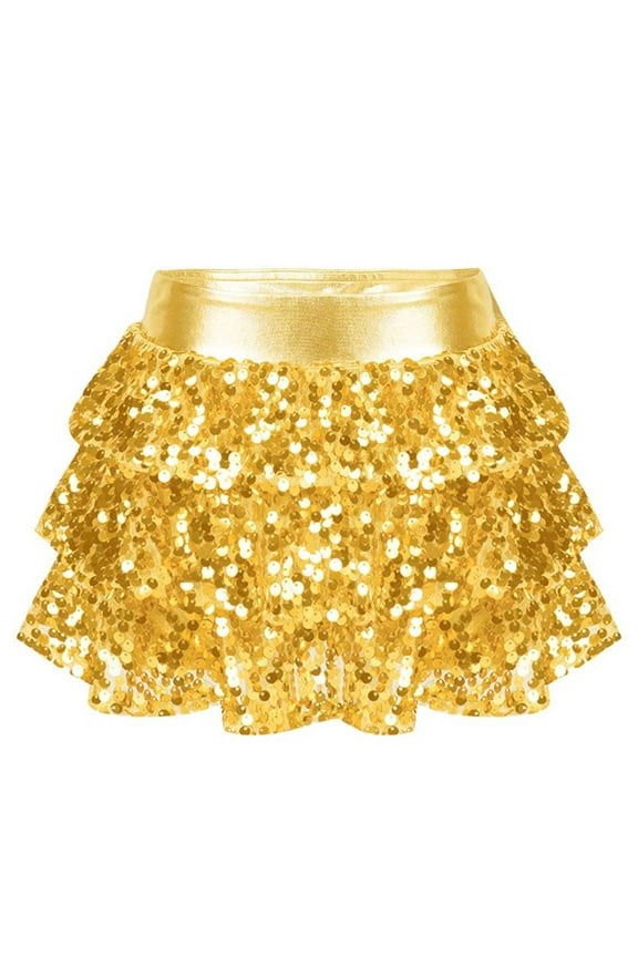 Kids Girls Sparkly Metallic Latin Jazz Dance Skirt Ballet Hip Hop Belly Ballroom Dancing Gold 16