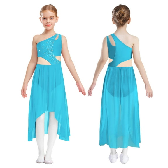 Hansber Kids Girls Sparkly One Shoulder Figure Ice Skating Dress Ballet Skirted Leotard Dress for Competition Light Blue 14