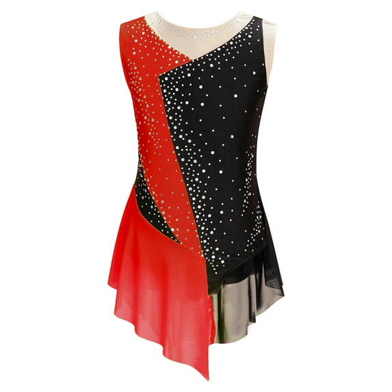 Hansber Kids Girls Sparkly Rhinestone Irregular Chiffon Ice Skating Dress Sleeveless Ballet Dance Red 10