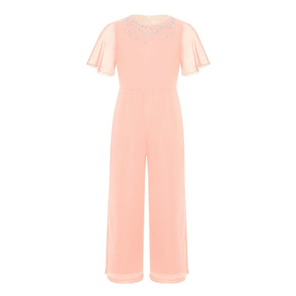 Hansber Kids Girls Sparkly Rhinestones Wide Leg Jumpsuit Long Pants Short Sleeve High Waist One Piece Romper Pink 8