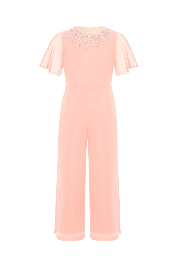 Kids Girls Sparkly Rhinestones Wide Leg Jumpsuit Long Pants Short Sleeve High Waist One Piece Romper Pink 8