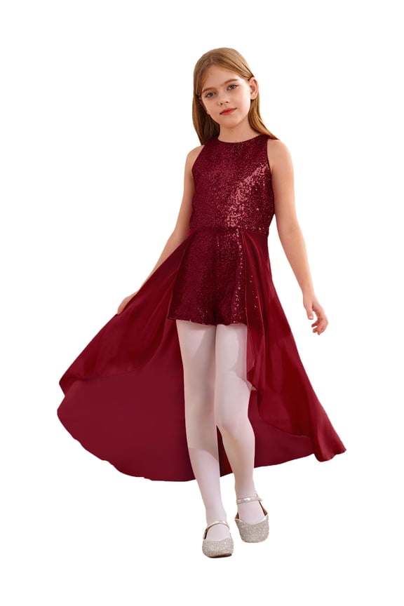Kids Girls Sparkly Sequin Jumpsuit Sleeveless Romper Dress Wedding Prom Dance Party Pageant Gown Burgundy 6