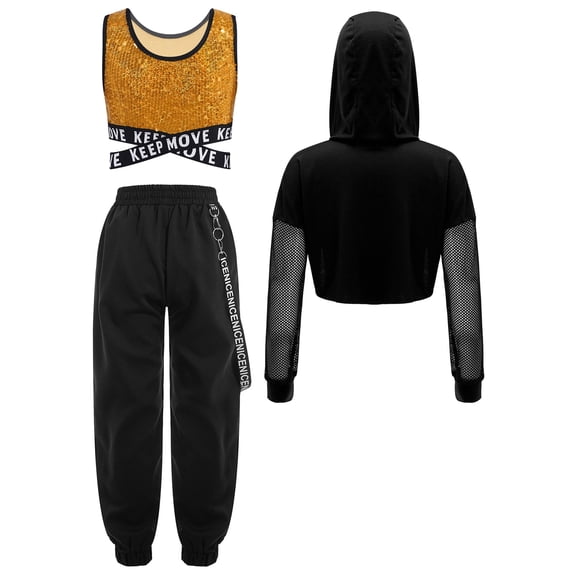 Hansber Kids Girls Street Hip Hop Jazz Dance Outfits 3-Piece Long Sleeve Hoodie Crop Top with Cargo Pants Set Gold 12