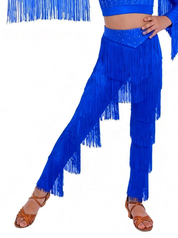 Kids Girls Tassels Fringe Dance Pants Ballroom Latin Tango Salsa Practice Performance Dancing Pants Royal Blue 10