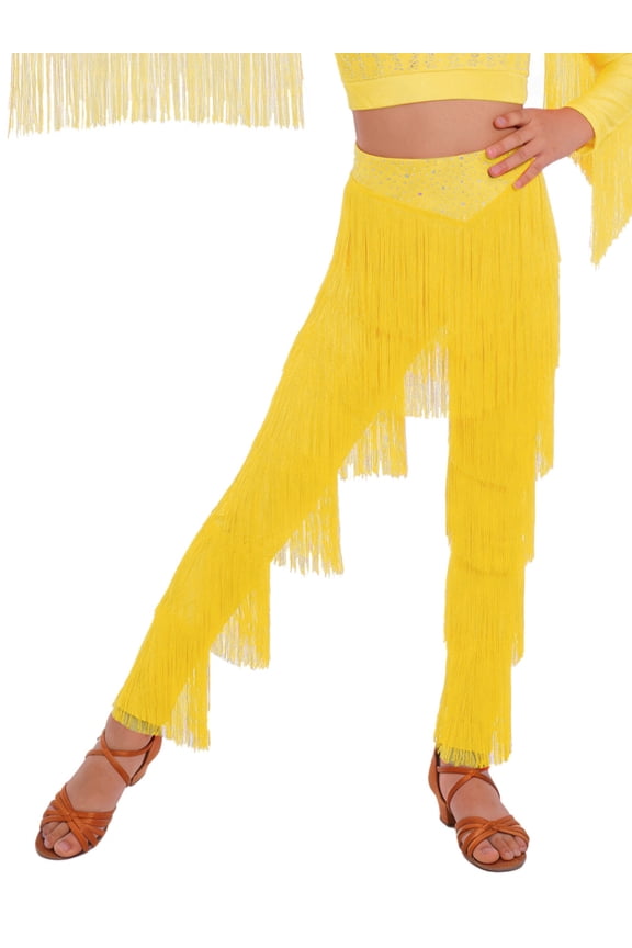 Kids Girls Tassels Fringe Dance Pants Ballroom Latin Tango Salsa Practice Performance Dancing Pants Yellow 6