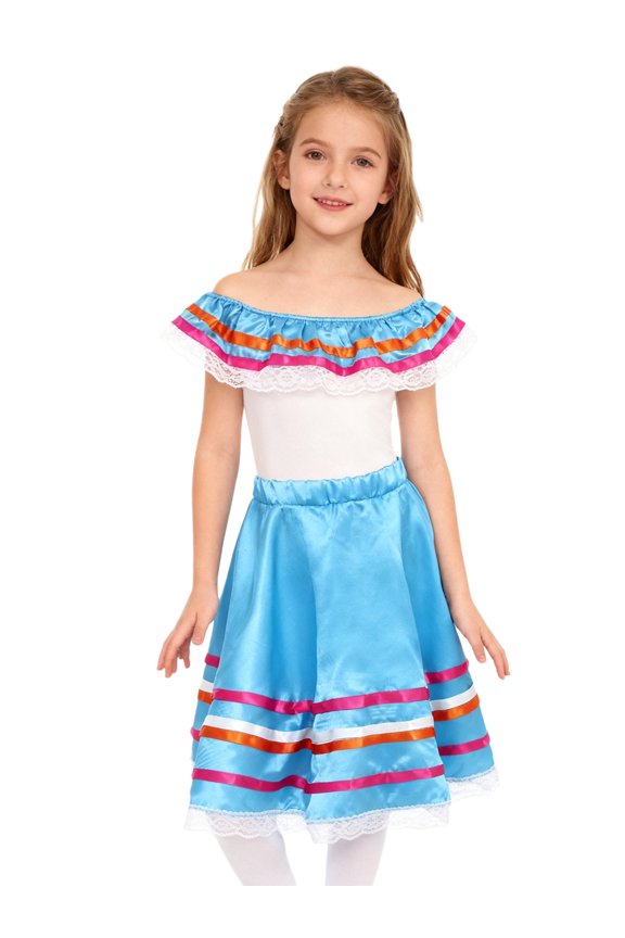Kids Girls Traditional Mexican Folkloric Dance Dress Off Shoulder Crop Tops with Skirt Set Blue 10