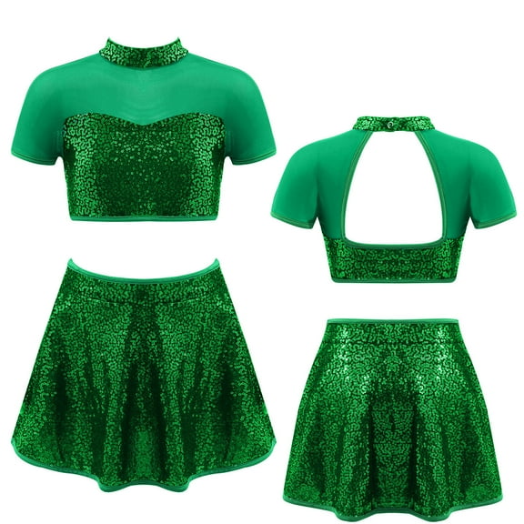 Hansber Kids Girls Two Piece Sequins Dance Crop Tops with Skirts Ballet Dance Outfits Performance Dancewear Turquoise 4