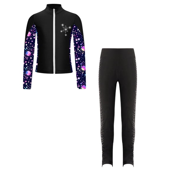 Hansber Kids Girls Yoga Running Sport Suit Long Sleeve Zipper Ice Skating Jacket and Leggings Set 2 Black 6