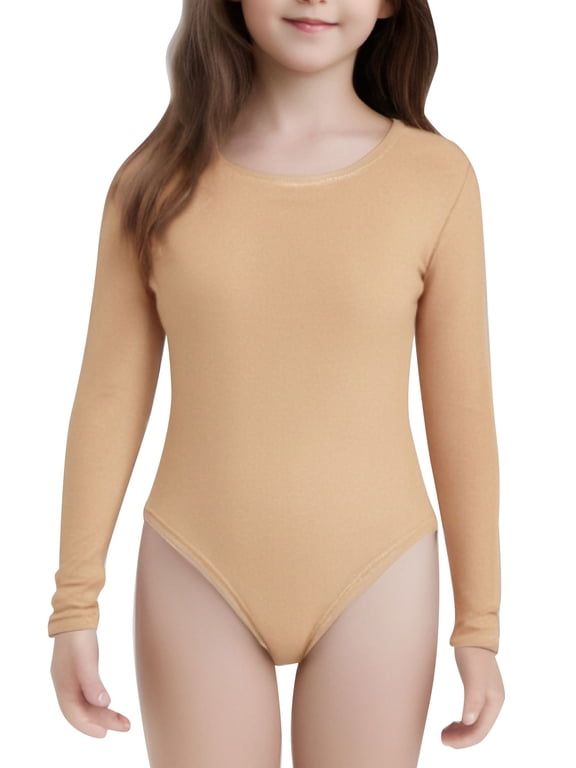 Kids Gymnastics Leotards Girls Long Sleeves Nude Fleece Lined Seamless Undergarment Ballet Round Neck 120
