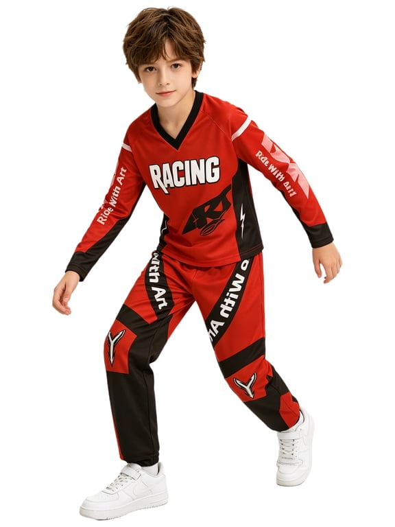 Kids Motorcycle Riding Jersey Top and Pants Youth Dirt Bike Gear for Exercise Motocross Camping Red 8