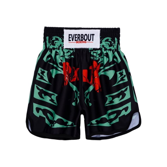 Hansber Kids Muay Thai Boxing Shorts Elastic Waist Printed Kickboxing Training Shorts Youth Martial Arts Fight Trunks Black 3XL-140