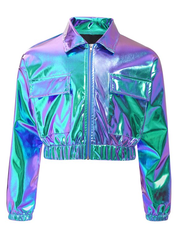 Kids Shiny Metallic Bomber Jacket for Boys Girls Long Sleeve Zip Up Motorcycle Baseball Coats Blue 10