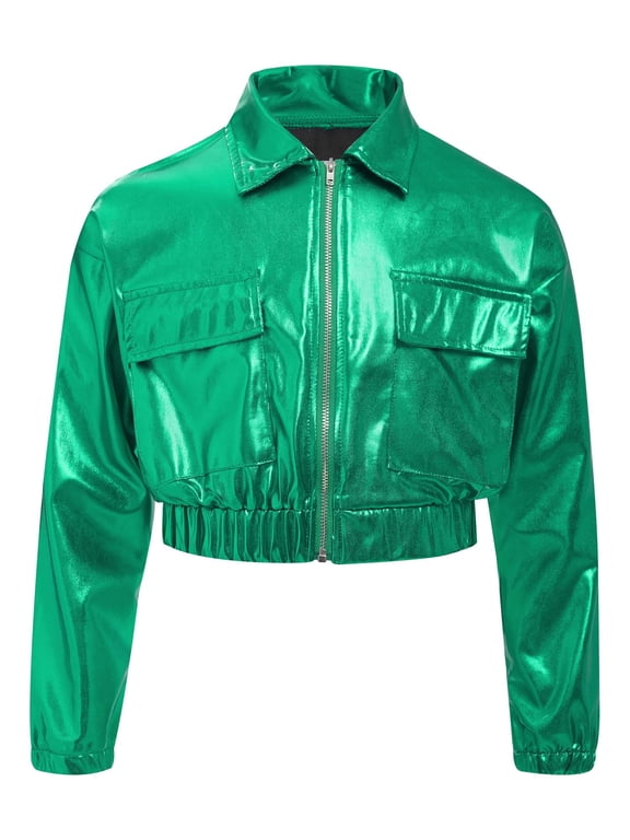 Kids Shiny Metallic Bomber Jacket for Boys Girls Long Sleeve Zip Up Motorcycle Baseball Coats Green 12