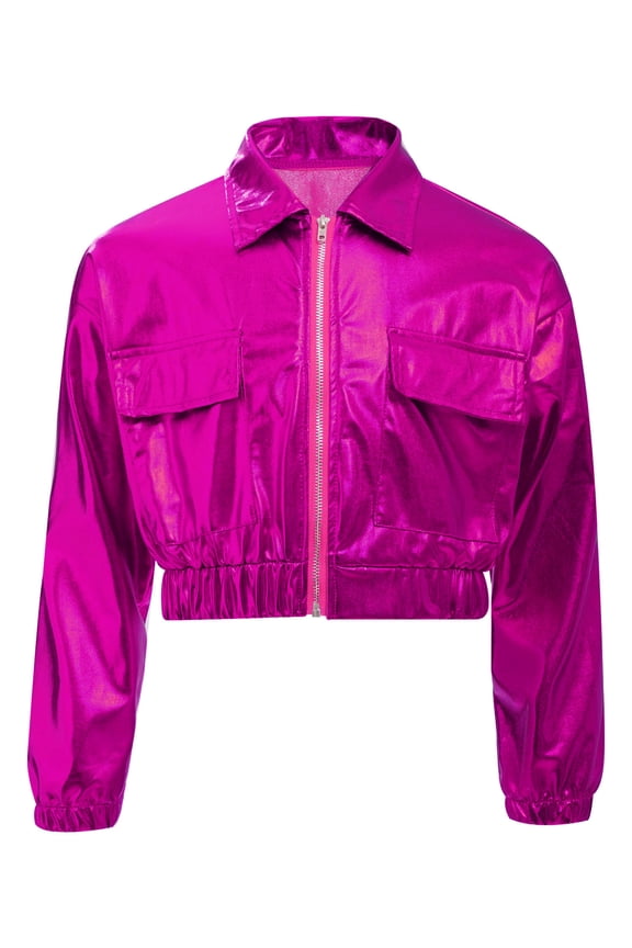 Kids Shiny Metallic Bomber Jacket for Boys Girls Long Sleeve Zip Up Motorcycle Baseball Coats Hot Pink 8