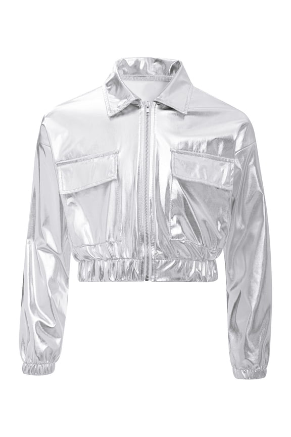 Kids Shiny Metallic Bomber Jacket for Boys Girls Long Sleeve Zip Up Motorcycle Baseball Coats Silver 8
