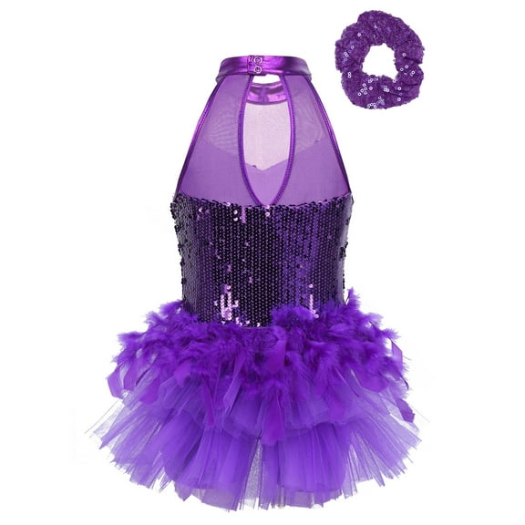 Hansber Kids Shiny Sequins Dance Unitard with Headband Set Gymnastics Ballet Dance Leotard with Mesh Purple 6