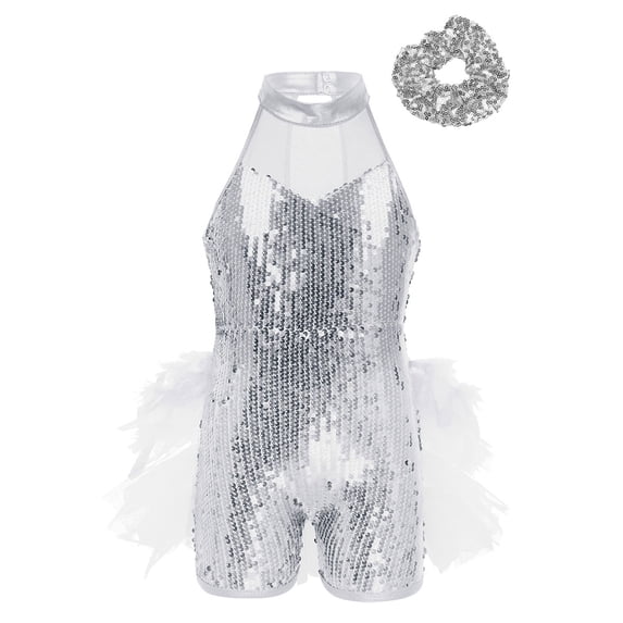 Hansber Kids Shiny Sequins Dance Unitard with Headband Set Gymnastics Ballet Dance Leotard with Mesh White 14