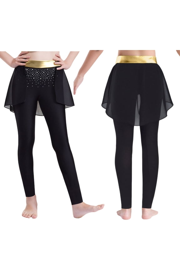 Little Girls' Stretchy Leggings Cheerleading Culottes Elastic Waist Footless Skirt Pants Ballet Dance Tights Gold 6