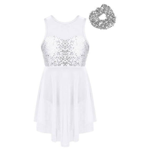 Hansber Lyrical Dance Costume for Girl Ballet Leotard Sequin Dance Outfits Contemporary Ballet Dress White 16